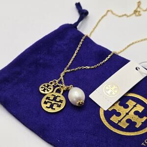 NEW Tory Burch Pearl Logo Charm Pendant Gold Necklace Longer Length Gift NWT